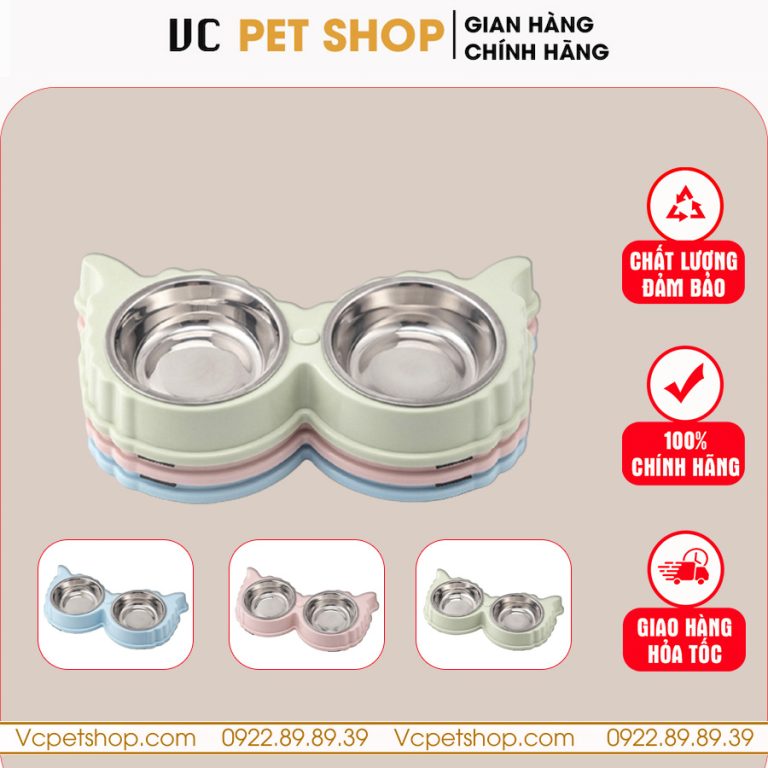 Bát Ăn Đôi Cho Mèo Chó Hình Tai Cừu Kèm Bát Inox