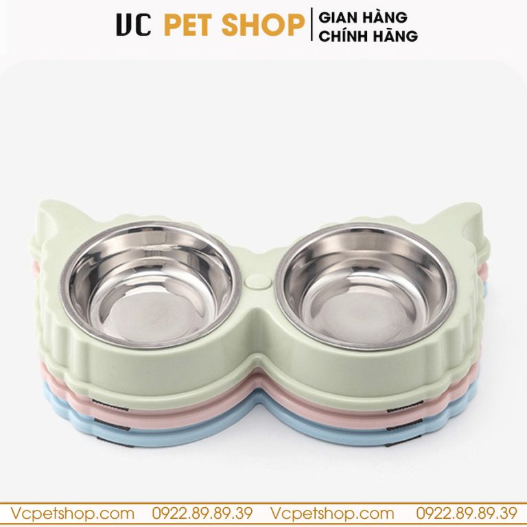 Bát Ăn Đôi Cho Mèo Chó Hình Tai Cừu Kèm Bát Inox