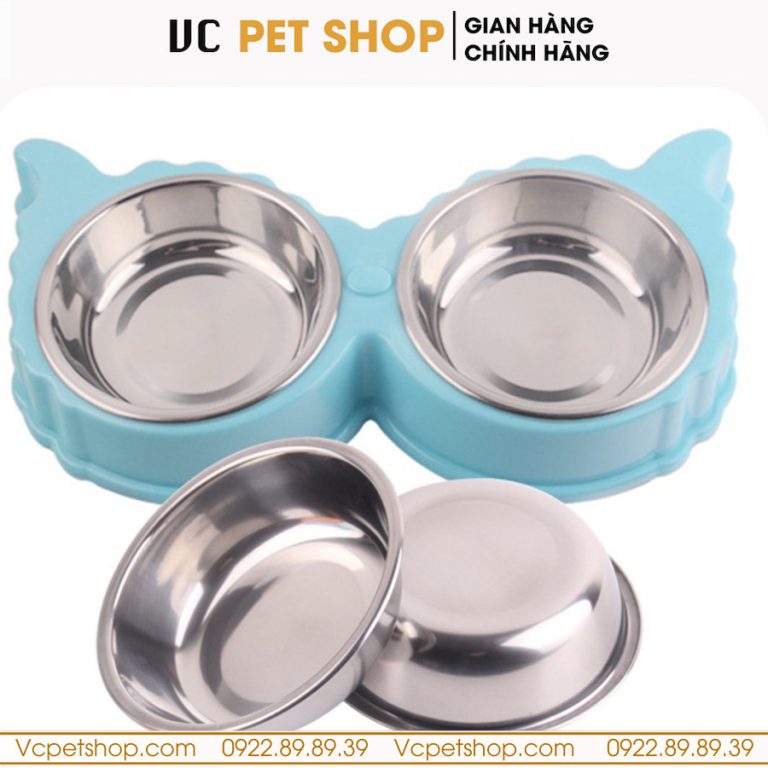 Bát Ăn Đôi Cho Mèo Chó Hình Tai Cừu Kèm Bát Inox