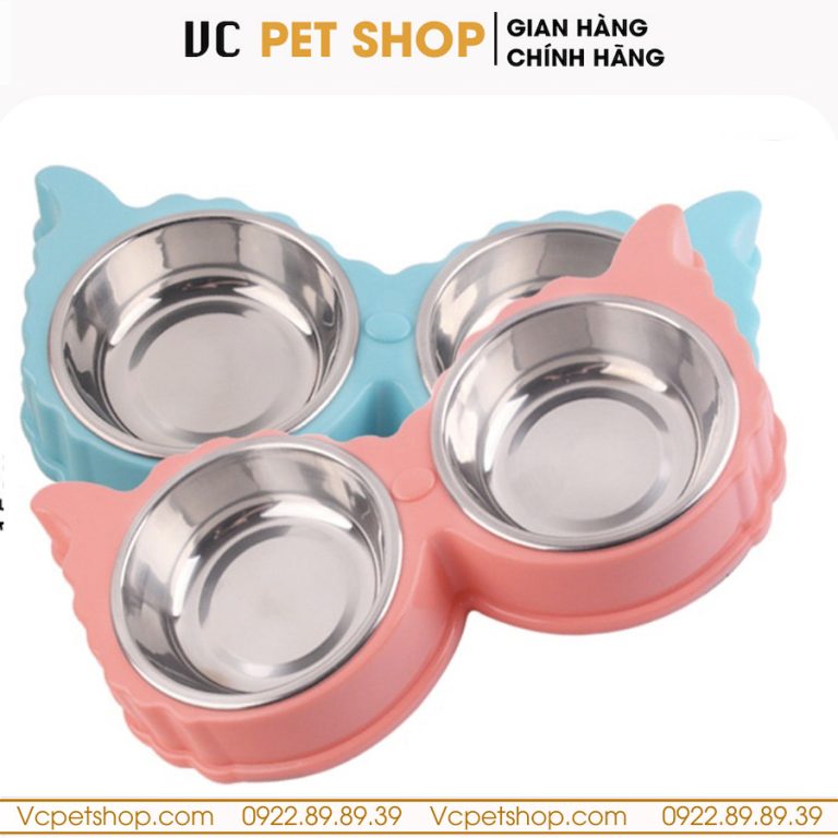 Bát Ăn Đôi Cho Mèo Chó Hình Tai Cừu Kèm Bát Inox