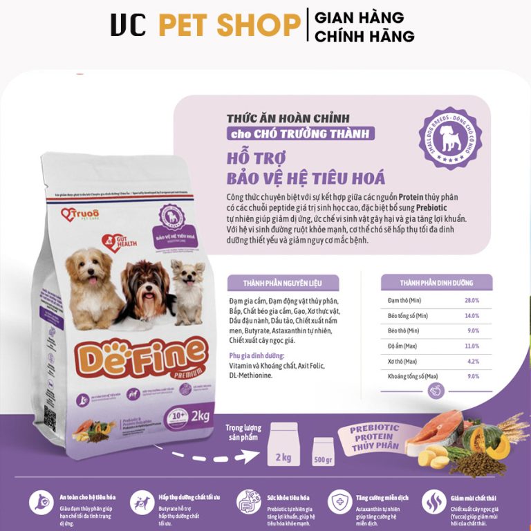 Thức ăn cho chó trưởng thành Define hỗ trợ bảo vệ hệ tiêu hóa